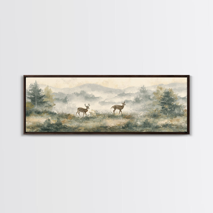 Deer Crossing a Misty Morning Field Framed Canvas Print, Country Art, Digital Prints, Farmhouse Decor, Fine Art, Country, COU-3x1-51