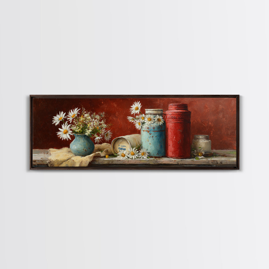Milk Can and Daisies Rustic Still Life Framed Canvas Print, Country Art, Farmhouse Wall Decor, Farmhouse Decor, Country, COU-3x1-53