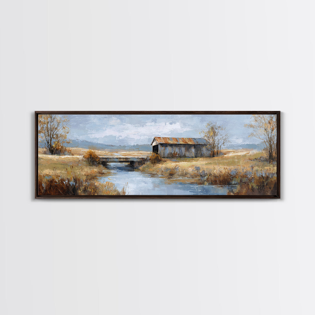 Covered Bridge over a Quiet Creek Framed Canvas Print, Country Art, Contemporary Art, Farmhouse Decor, Fine Art, Country, COU-3x1-55