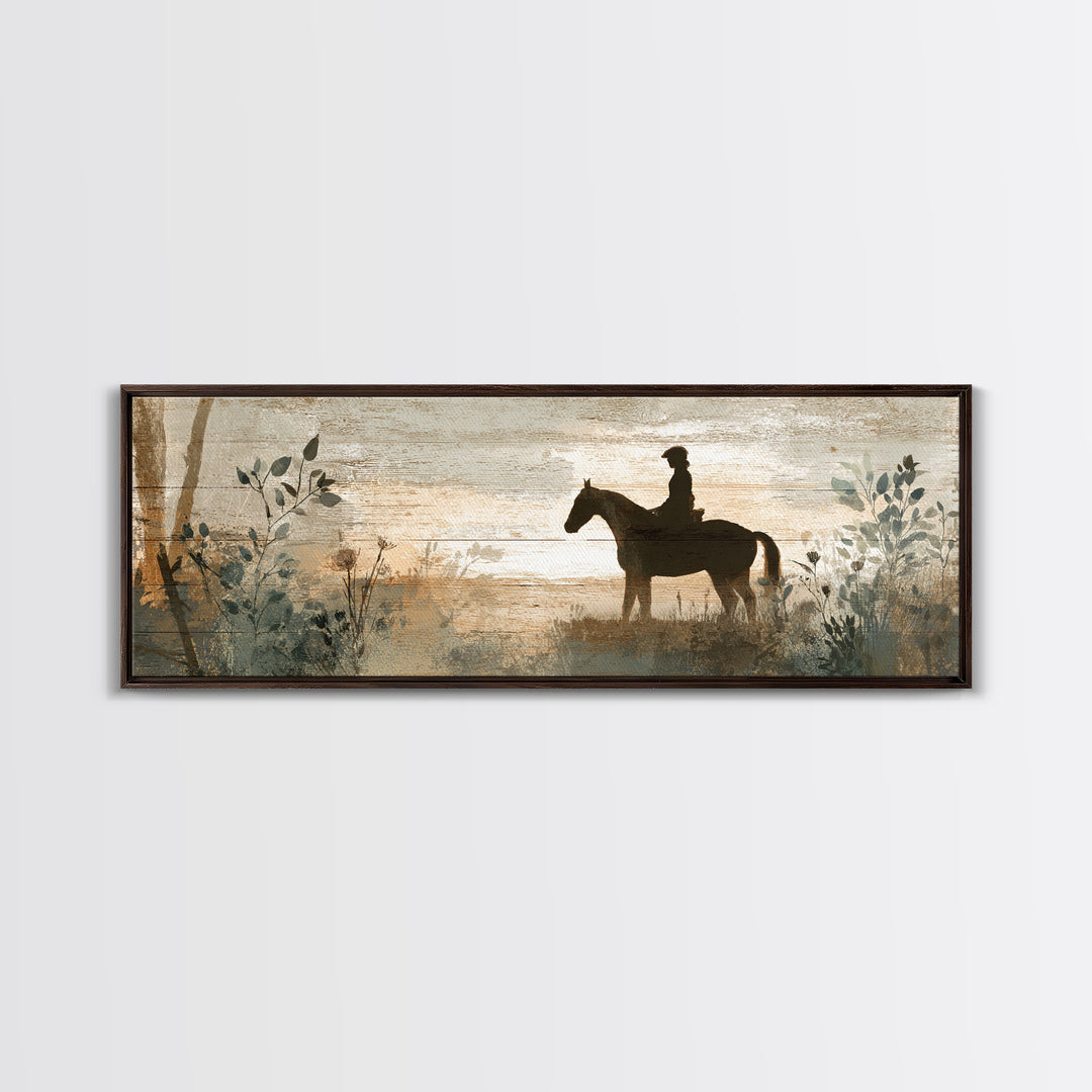 Horse and Rider Silhouette at Dusk Framed Canvas Print, Country Art, Digital Art Prints, Farmhouse Decor, Fine Art, Country, COU-3x1-57