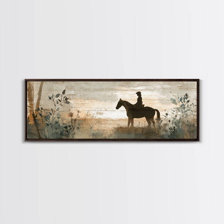 Horse and Rider Silhouette at Dusk Framed Canvas Print, Country Art, Digital Art Prints, Farmhouse Decor, Fine Art, Country, COU-3x1-57