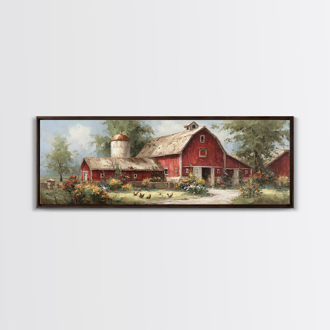 Chickens Pecking Near Garden Flowers Canvas Print, Country Art, Digital Art Prints, Farmhouse Decor, Fine Art, Country, COU-3x1-6