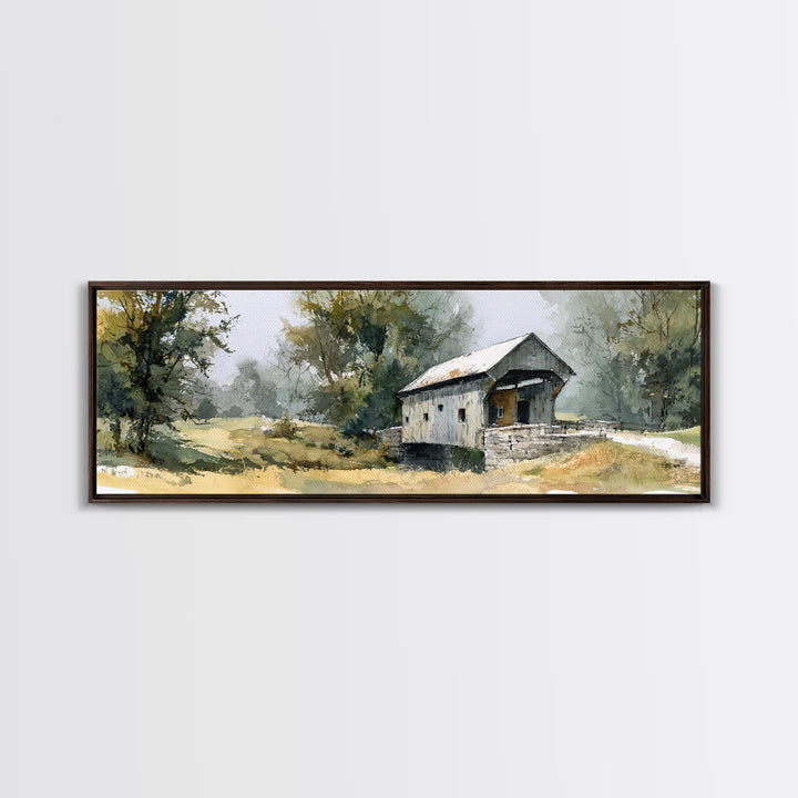 Covered Bridge over a Quiet Creek Framed Canvas Print, Country Art, Wall Decor, Farmhouse Decor, Fine Art, Country, Wall Art, COU-3x1-7