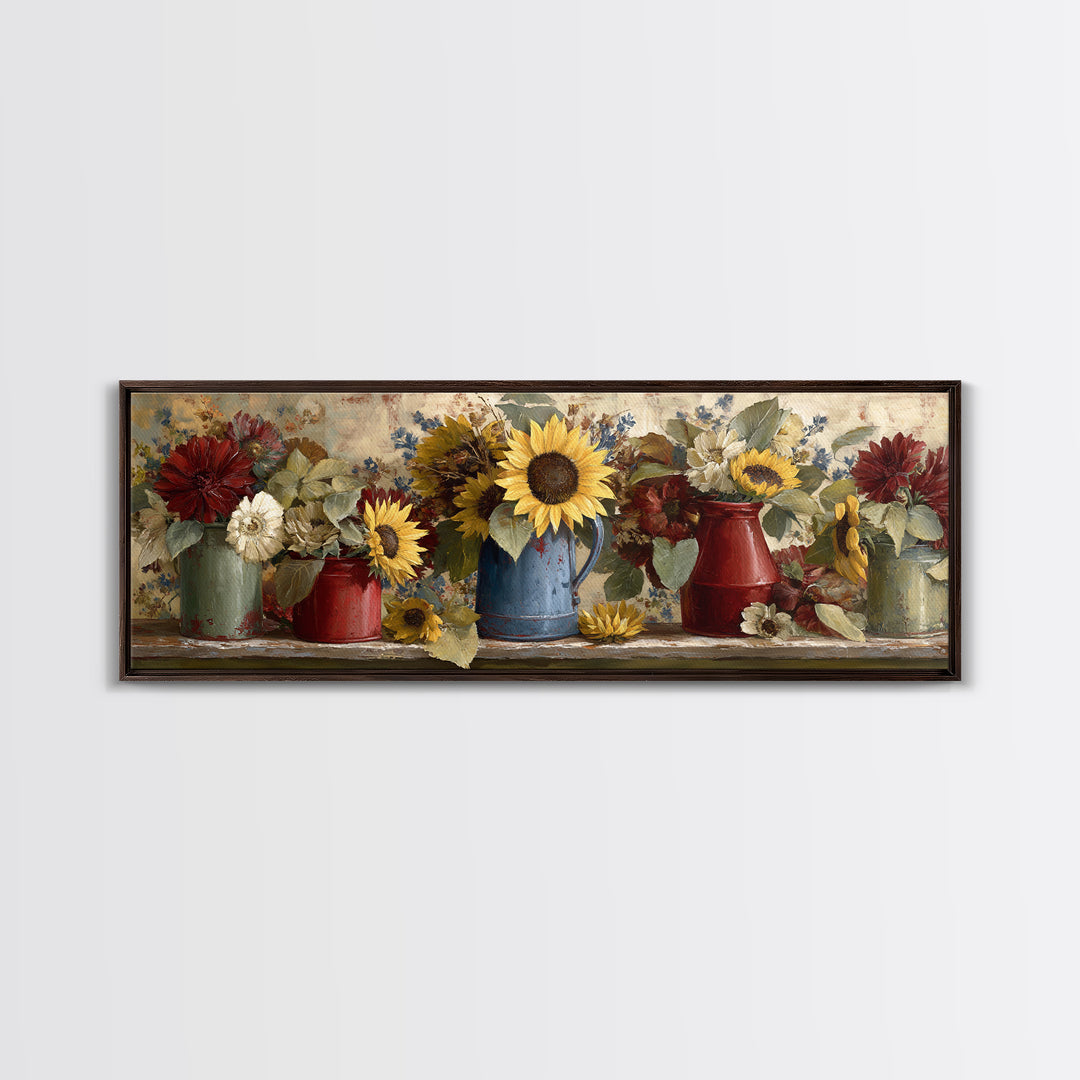 Sunflowers in a Blue Enamel Pitcher Framed Canvas Print, Country Art, Wall Art, Farmhouse Decor, Fine Art, Country, COU-3x1-72