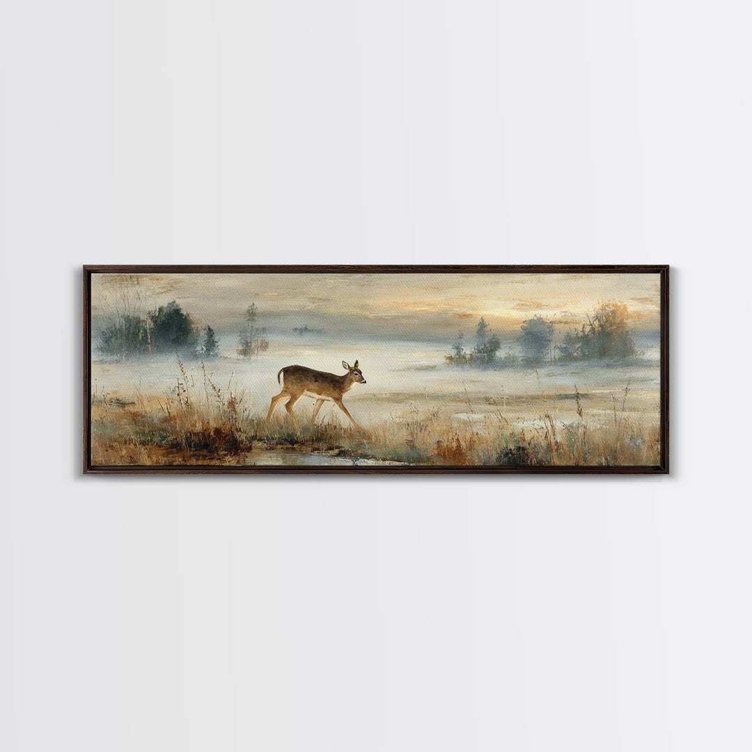 Deer Crossing a Misty Morning Field Canvas Print, Country Art, Digital Wall Art, Farmhouse Decor, Country, Floral Wall Art, COU-3x1-75