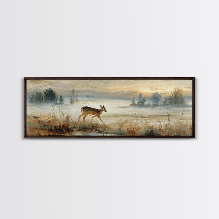 Deer Crossing a Misty Morning Field Canvas Print, Country Art, Digital Wall Art, Farmhouse Decor, Country, Floral Wall Art, COU-3x1-75