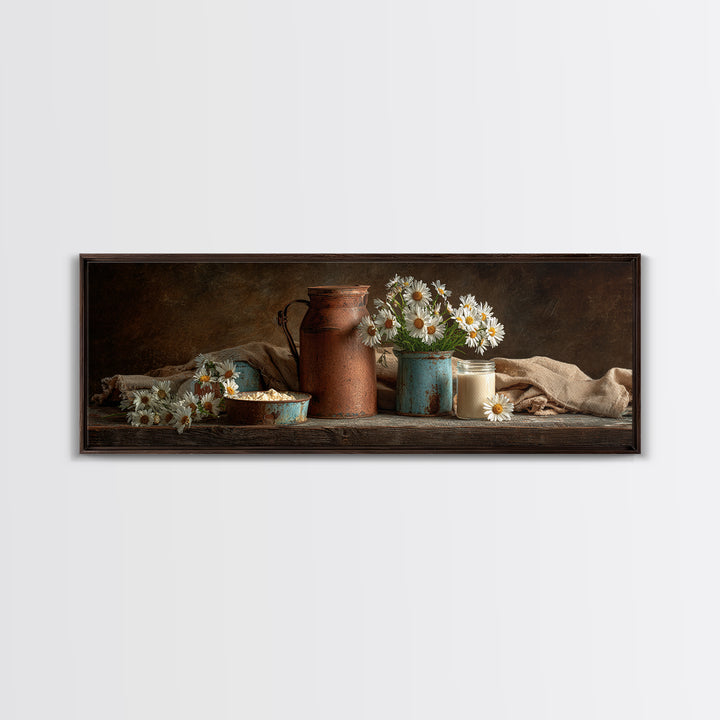 Milk Can and Daisies Rustic Still Life Framed Canvas Print, Country Art, Farmhouse Wall Decor, Farmhouse Decor, Country, COU-3x1-77