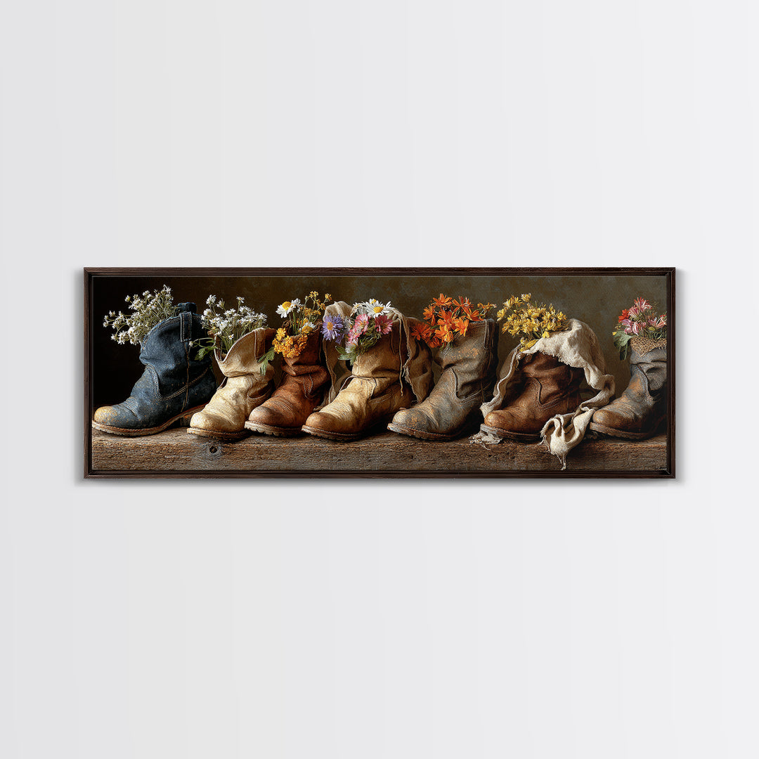Weathered Boots with Wildflowers Tucked Inside Canvas Print, Country Art, Landscape Painting, Farmhouse Decor, Watercolor Art, COU-3x1-8