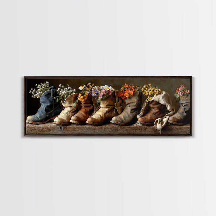 Weathered Boots with Wildflowers Tucked Inside Canvas Print, Country Art, Landscape Painting, Farmhouse Decor, Watercolor Art, COU-3x1-8