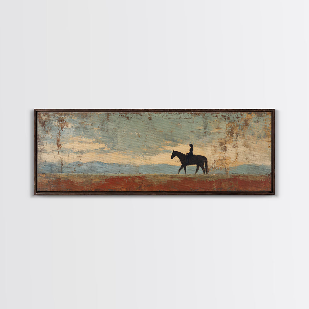 Horse and Rider Silhouette at Dusk Framed Canvas Print, Country Art, Digital Art Prints, Farmhouse Decor, Fine Art, Country, COU-3x1-81