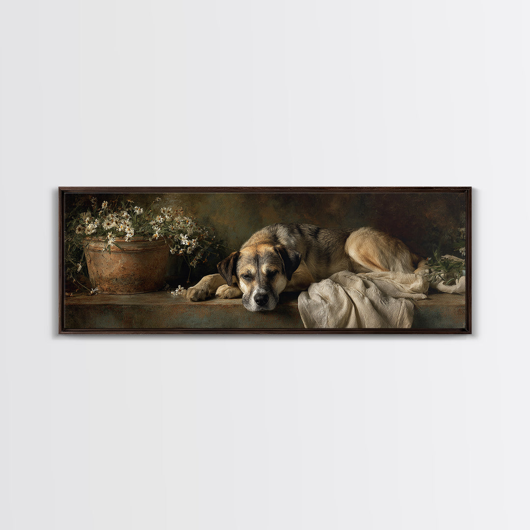 Dog Resting Beside a Porch Flower Pot Canvas Print, Country Art, Digital Wall Art, Farmhouse Decor, Fine Art, Country, COU-3x1-86