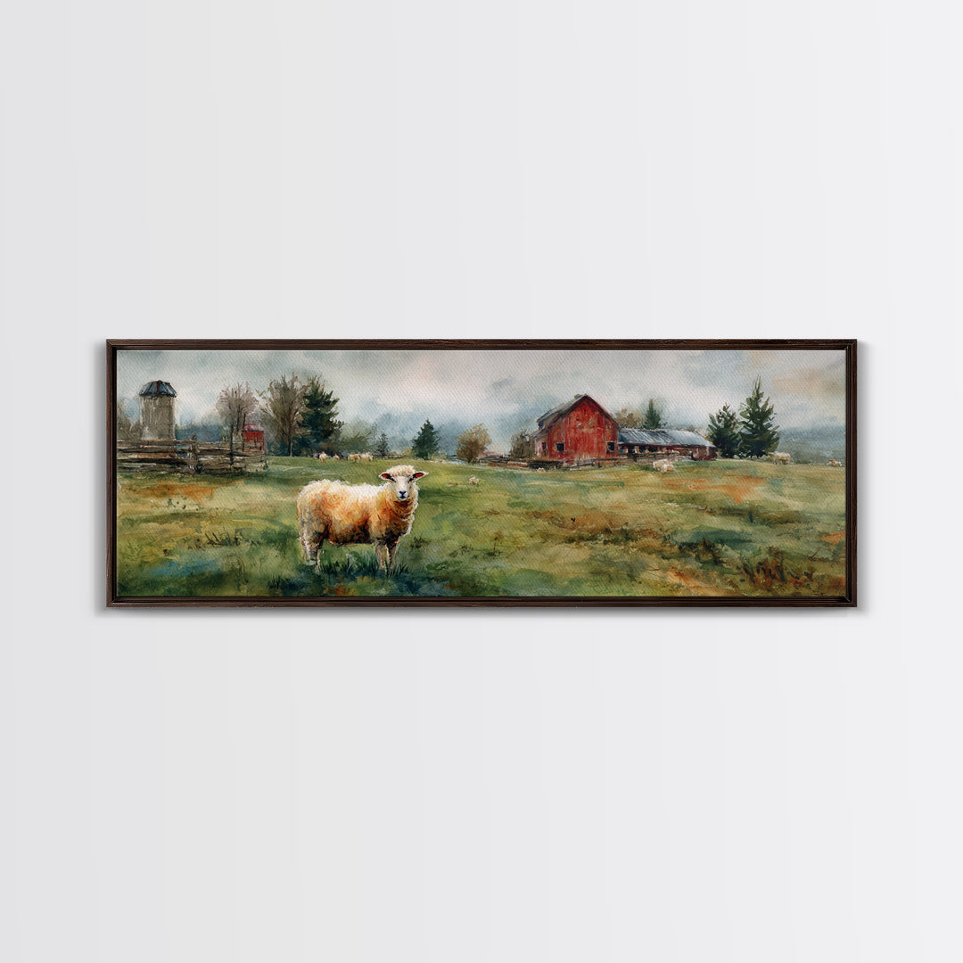Watercolor Sheep in a Green Pasture Framed Canvas Print, Country Art, Printable Wall Art, Farmhouse Decor, Fine Art, Country, COU-3x1-87