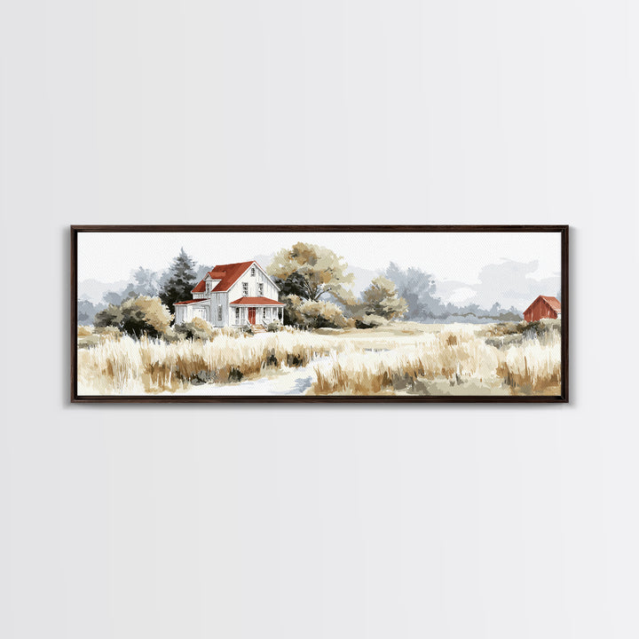 White Farmhouse Surrounded by Tall Grass Canvas Print, Country Art, Floral Wall Art, Farmhouse Decor, Fine Art, Country, COU-3x1-98