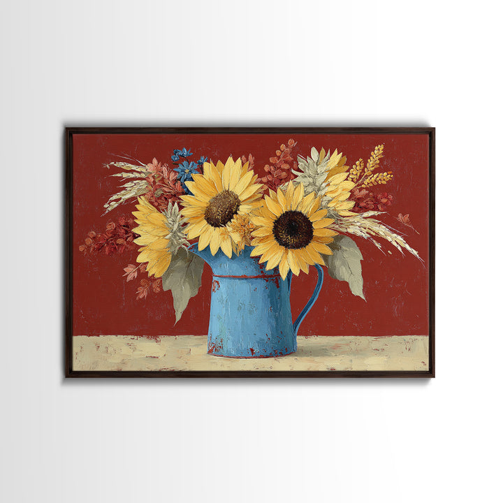 Sunflowers in a Blue Enamel Pitcher Canvas Print, Country Art, Digital Print, Farmhouse Decor, Oil Painting, Country, COU-3x2-12