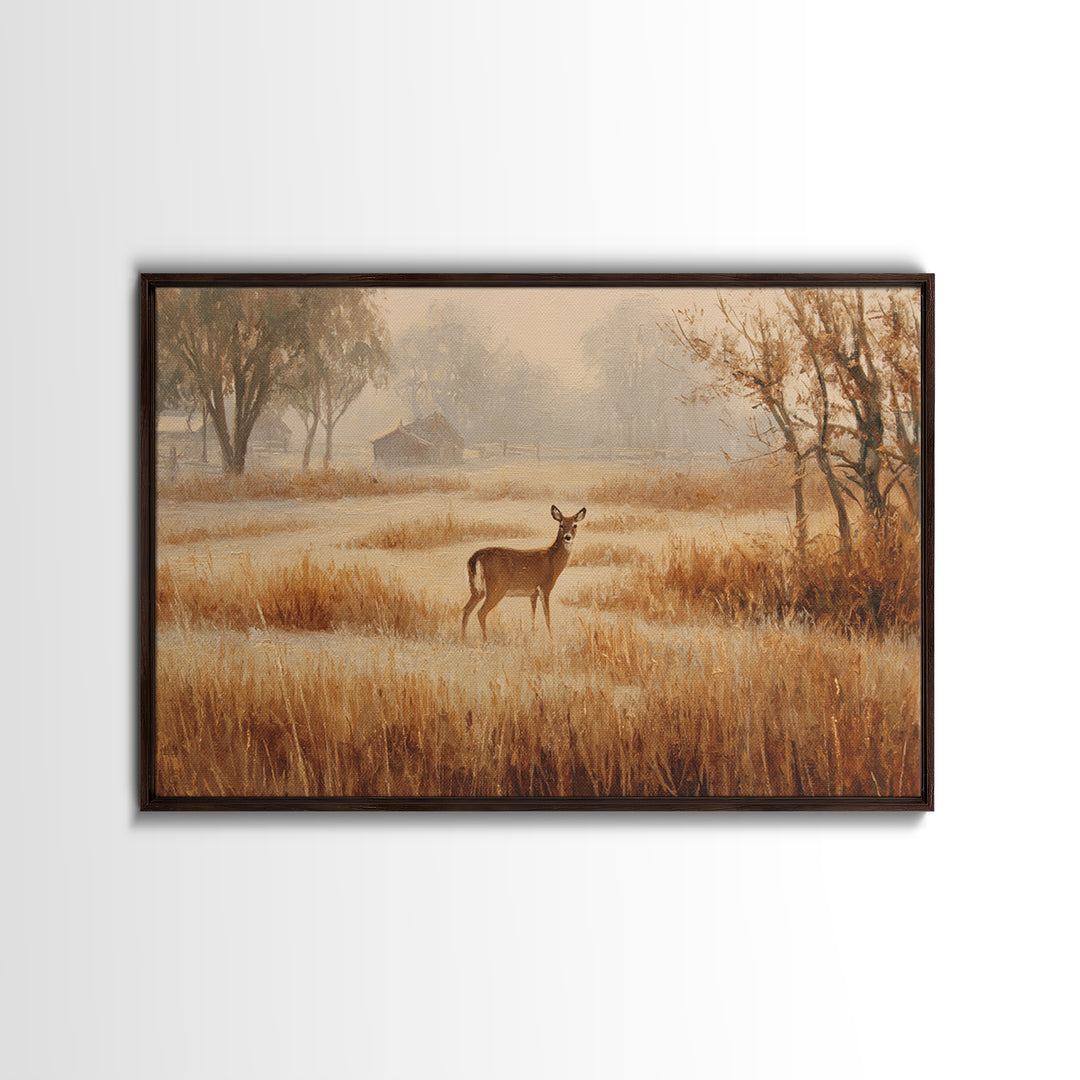 Deer Crossing a Misty Morning Field Framed Canvas Print, Country Art, Oil Painting, Farmhouse Decor, Fine Art, Country, COU-3x2-15