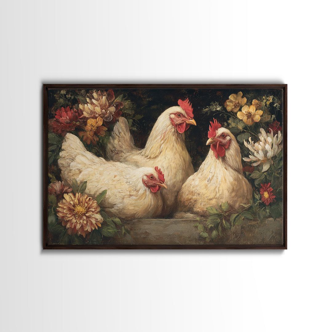 Chickens Pecking Near Garden Flowers Framed Canvas Print, Country Art, Farmhouse Decor, Watercolor Art, Country, COU-3x2-18