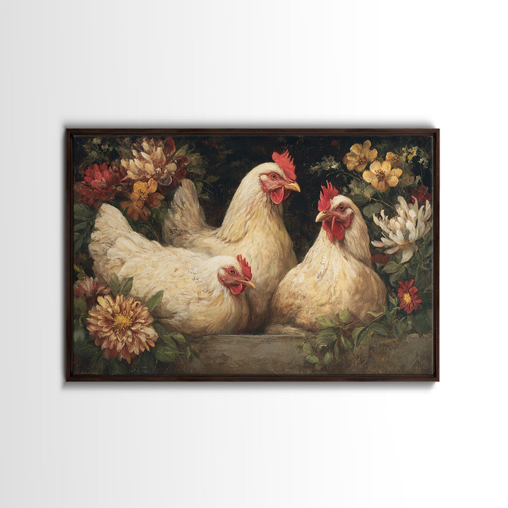 Chickens Pecking Near Garden Flowers Framed Canvas Print, Country Art, Farmhouse Decor, Watercolor Art, Country, COU-3x2-18