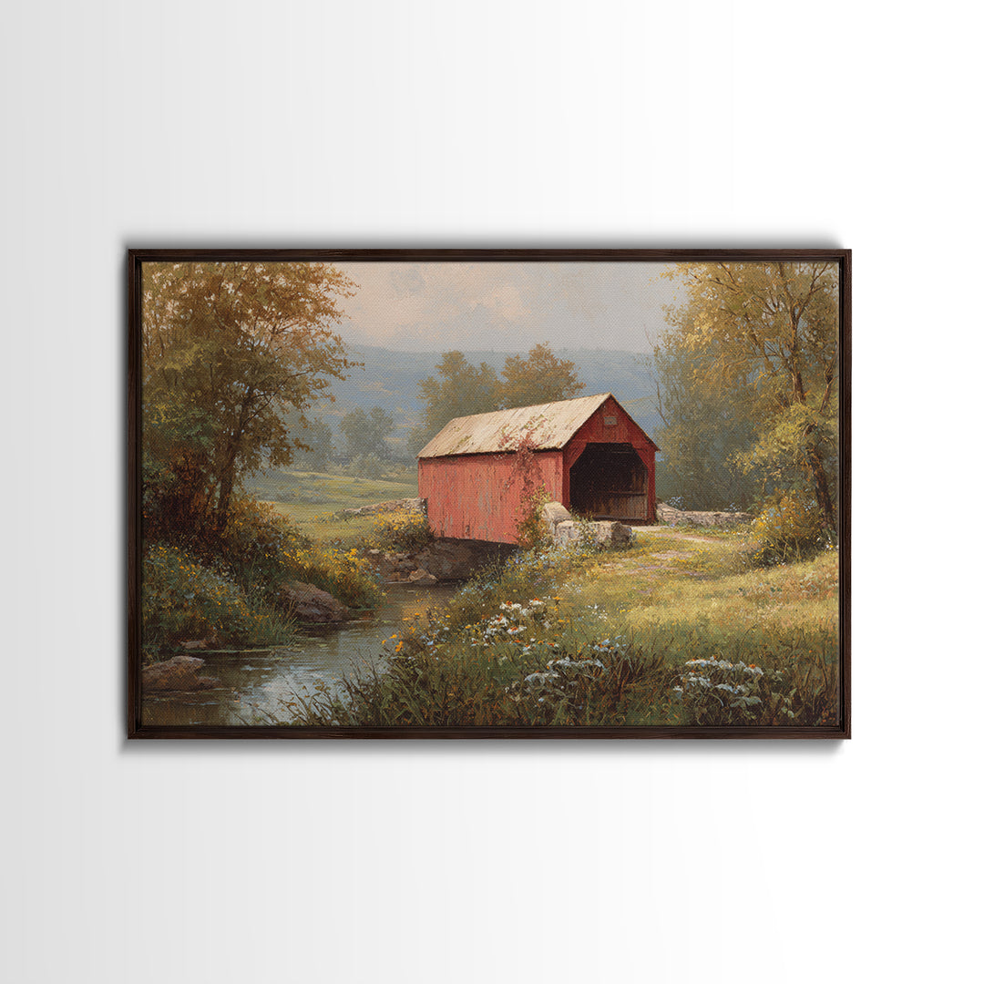Covered Bridge over a Quiet Creek Framed Canvas Print, Country Art, Landscape Painting, Farmhouse Decor, Fine Art, Country, COU-3x2-19