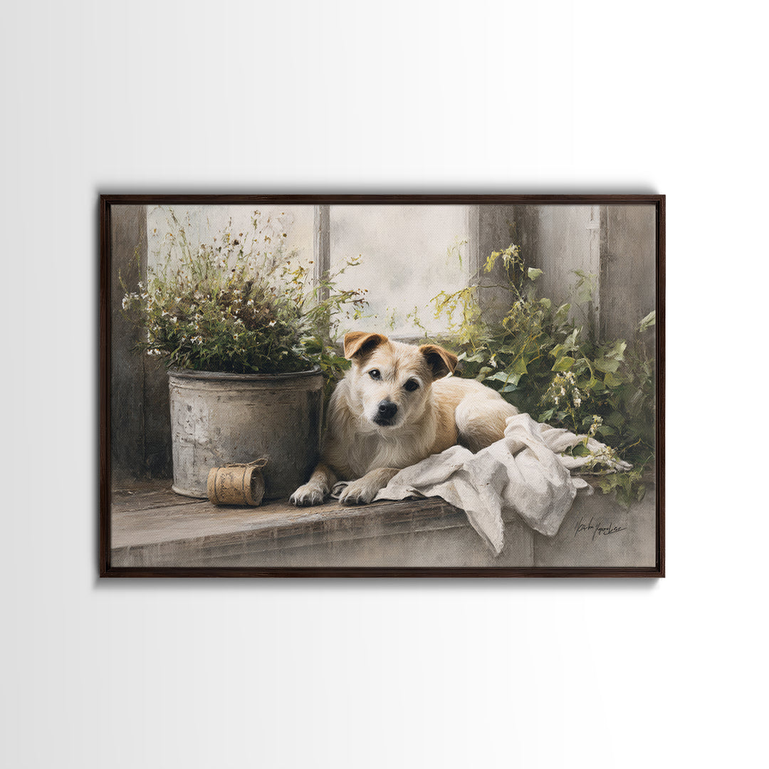 Dog Resting Beside a Porch Flower Pot Canvas Print, Country Art, Digital Wall Art, Farmhouse Decor, Fine Art, Country, COU-3x2-26