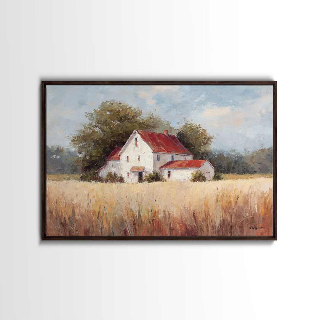 White Farmhouse Surrounded by Tall Grass Canvas Print, Country Art, Digital Print, Farmhouse Decor, Fine Art, Country, COU-3x2-38