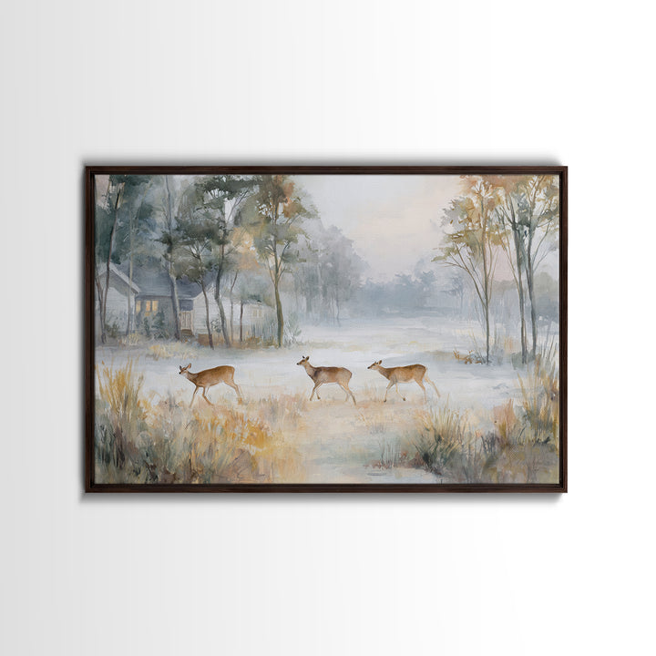 Deer Crossing a Misty Morning Field Framed Canvas Print, Country Art, Wall Decor, Farmhouse Decor, Fine Art, Country, COU-3x2-39