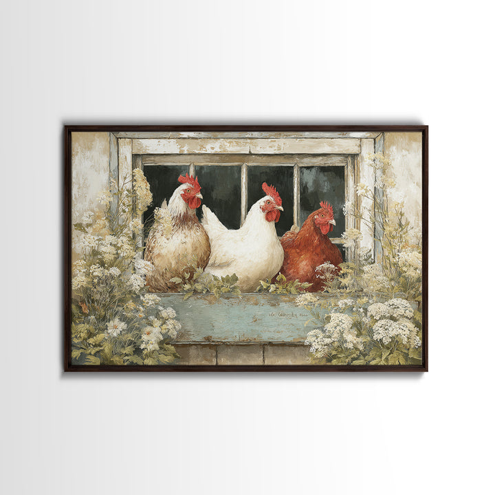 Chickens Pecking Near Garden Flowers Canvas Print, Country Art, Printable Art, Farmhouse Decor, Watercolor Art, Country, COU-3x2-42