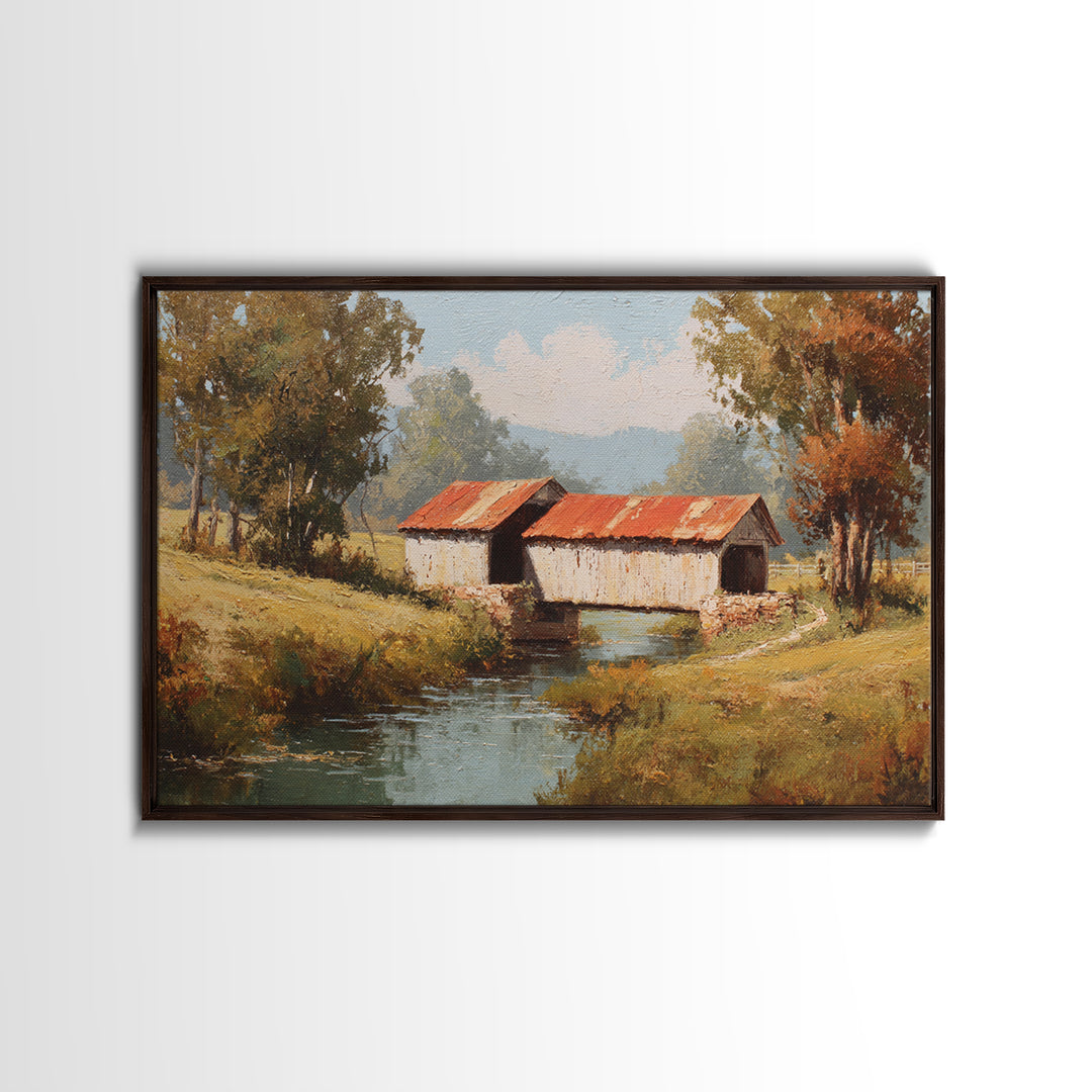 Covered Bridge over a Quiet Creek Canvas Print, Country Art, Landscape Wall Art, Farmhouse Decor, Abstract Art, Country, COU-3x2-43