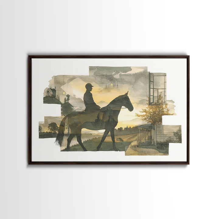 Horse and Rider Silhouette at Dusk Framed Canvas Print, Country Art, Landscape Painting, Farmhouse Decor, Fine Art, Country, COU-3x2-45