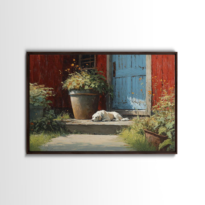 Dog Resting Beside a Porch Flower Pot Framed Canvas Print, Country Art, Farmhouse Decor, Fine Art, Country, Gallery Wall Art, COU-3x2-50