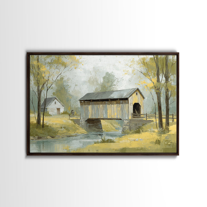 Covered Bridge over a Quiet Creek Canvas Print, Country Art, Textured Painting, Farmhouse Decor, Watercolor Art, Country, COU-3x2-67