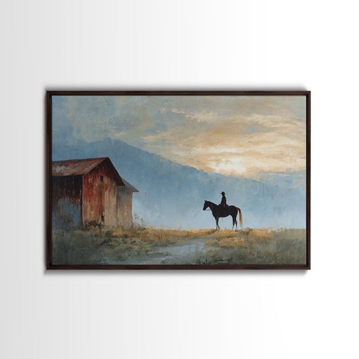 Horse and Rider Silhouette at Dusk Framed Canvas Print, Country Art, Landscape Painting, Farmhouse Decor, Fine Art, Country, COU-3x2-69
