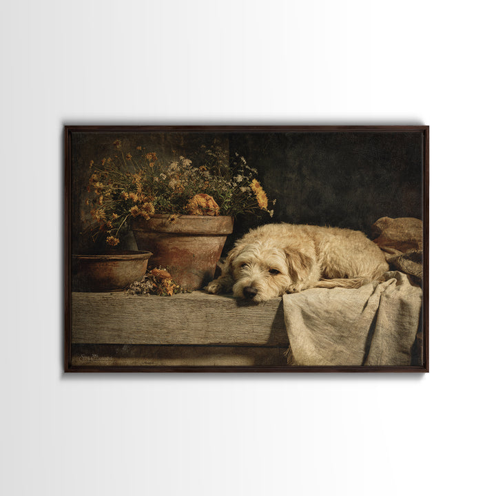 Dog Resting Beside a Porch Flower Pot Framed Canvas Print, Country Art, Farmhouse Decor, Fine Art, Country, Gallery Wall Art, COU-3x2-74