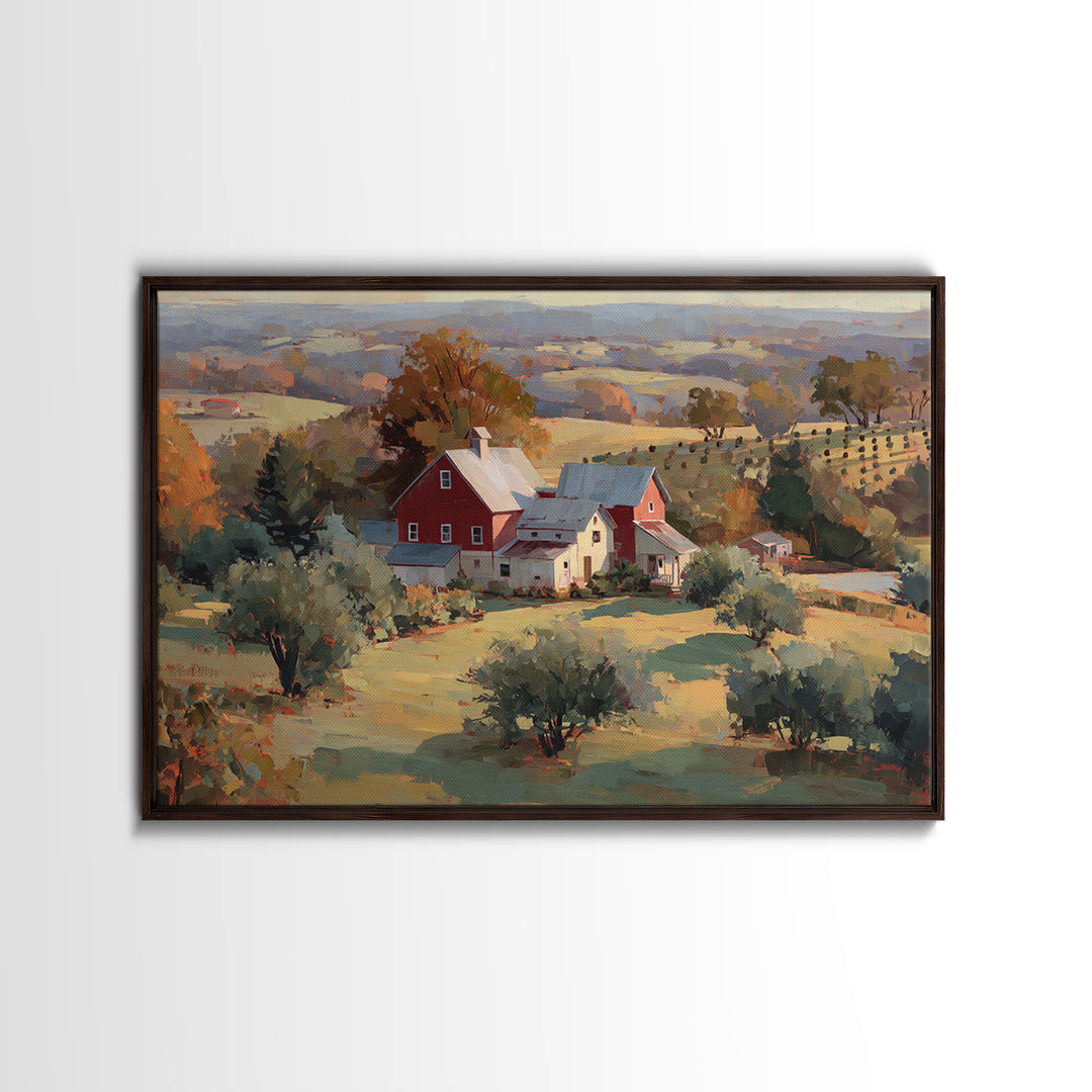 Apple Orchard with Warm Autumn Light Framed Canvas Print, Country Art, Landscape Painting, Farmhouse Decor, Oil Painting, COU-3x2-82
