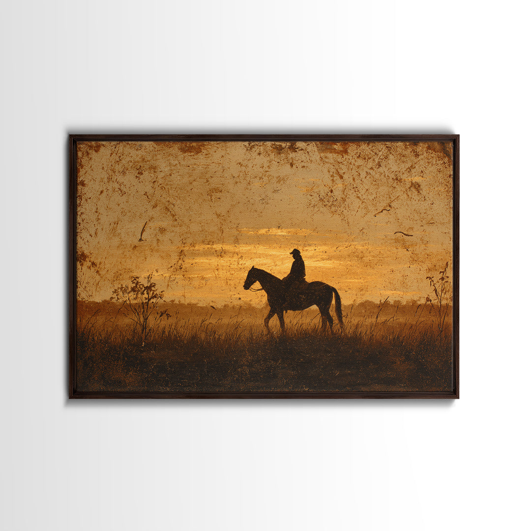 Horse and Rider Silhouette at Dusk Canvas Print, Country Art, Landscape Wall Art, Farmhouse Decor, Fine Art, Country, COU-3x2-93