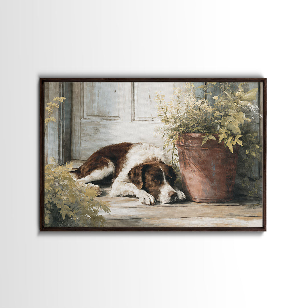 Dog Resting Beside a Porch Flower Pot Canvas Print, Country Art, Digital Art Prints, Farmhouse Decor, Oil Painting, Country, COU-3x2-98