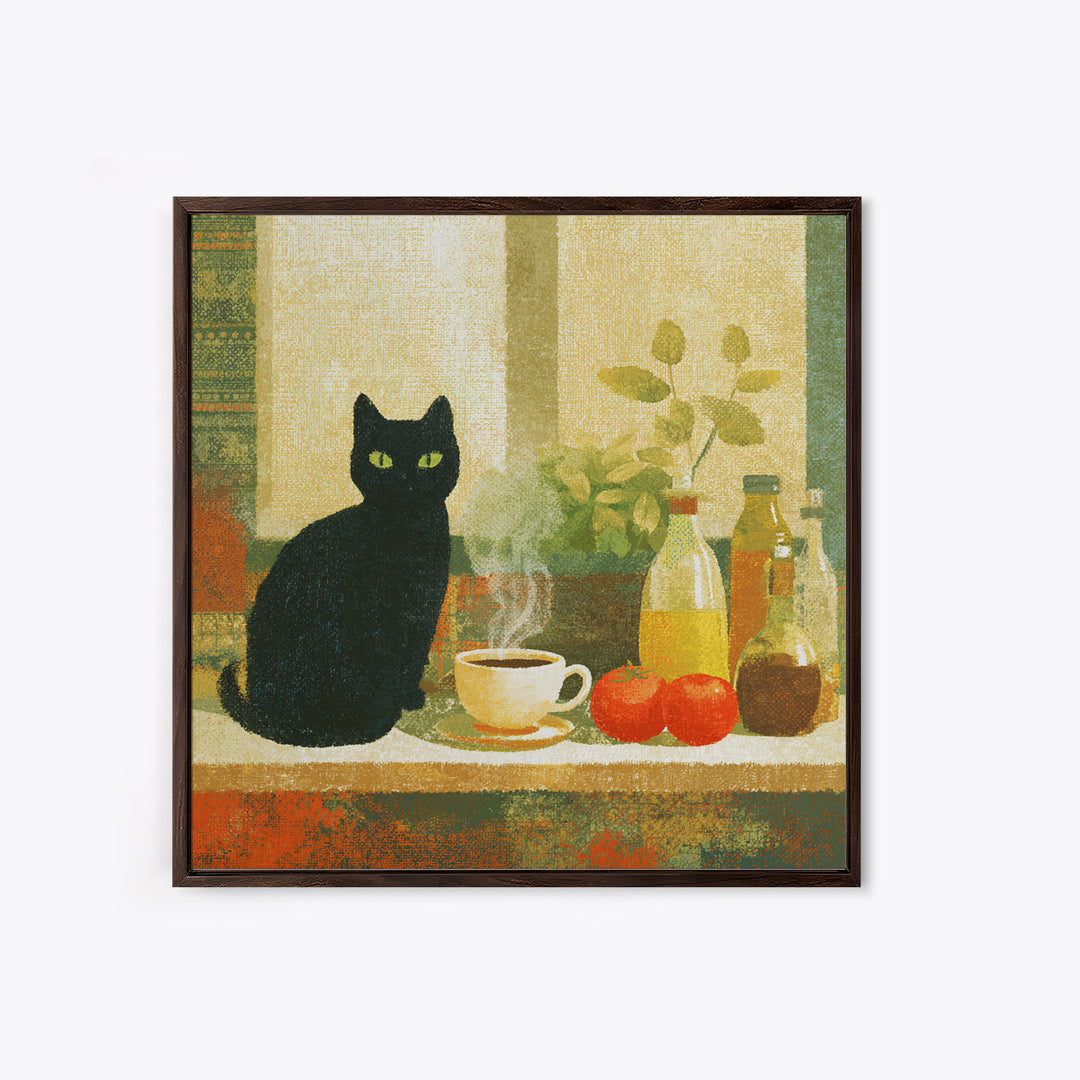 Black Cat Beside a Steaming Cup Canvas Print, Coffee Shop Art, Moody Wall Art, Cafe Decor, Fine Art, Cafe, Luxury Decor, CSA-1x1-14