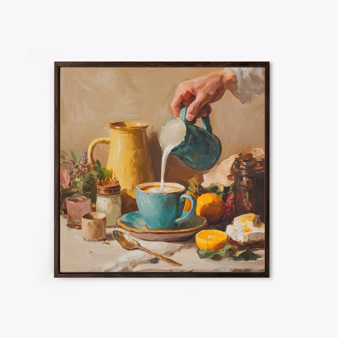 Barista Hands Pouring Milk into Espresso Framed Canvas Print, Coffee Shop Art, Neutral Decor, Cafe Decor, Fine Art, Cafe, CSA-1x1-21