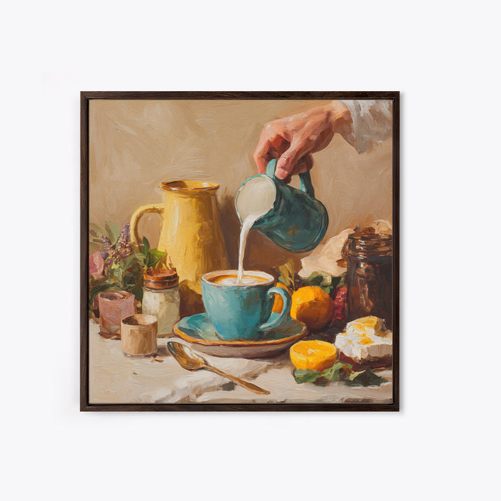 Barista Hands Pouring Milk into Espresso Framed Canvas Print, Coffee Shop Art, Neutral Decor, Cafe Decor, Fine Art, Cafe, CSA-1x1-21