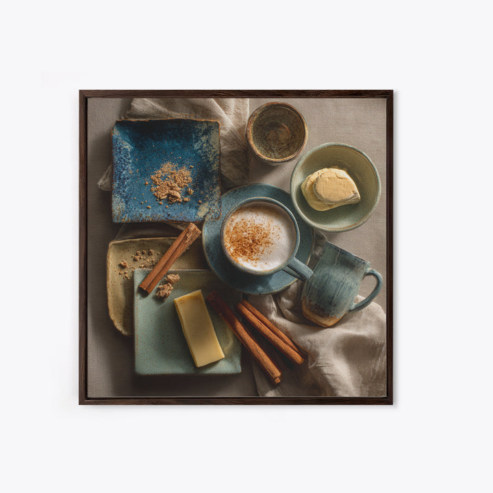 Cinnamon Sticks and Cappuccino Foam Still Life Framed Canvas Print, Coffee Shop Art, Gothic Wall Art, Cafe Decor, CSA-1x1-24