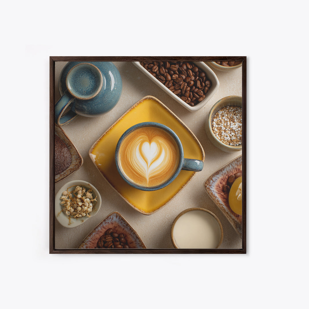 Latte Art Heart Seen from Above Framed Canvas Print, Coffee Shop Art, Digital Wall Art, Cafe Decor, Oil Painting, Cafe, CSA-1x1-28