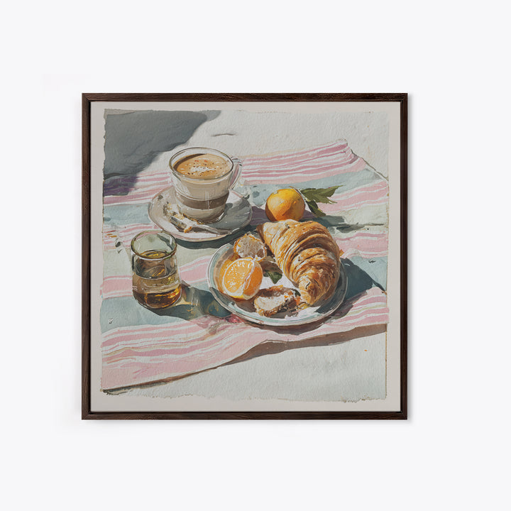 Croissant and Cappuccino on Striped Cloth Framed Canvas Print, Coffee Shop Art, Textured Painting, Cafe Decor, Fine Art, Cafe, CSA-1x1-29