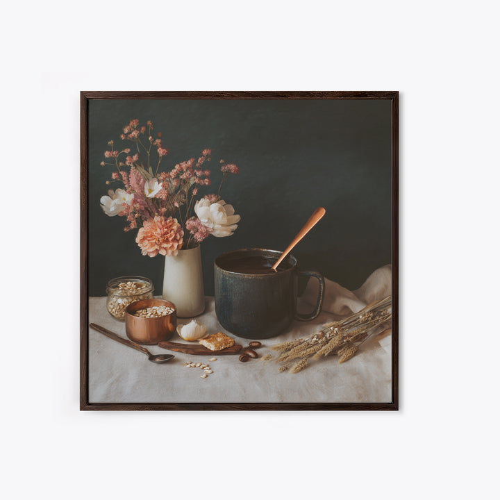 Moody Dark Roast Still Life Framed Canvas Print, Coffee Shop Art, Gallery Decor, Cafe Decor, Fine Art, Cafe, Wall Art, CSA-1x1-32