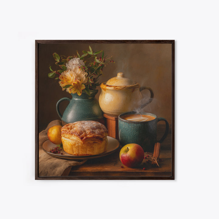 Sunlit Pastry and Coffee Arrangement Framed Canvas Print, Coffee Shop Art, Kitchen Wall Decor, Cafe Decor, Oil Painting, Cafe, CSA-1x1-43