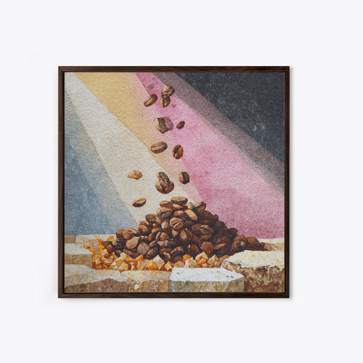 Roasted Beans Falling Through Dark Space Framed Canvas Print, Coffee Shop Art, Kitchen Wall Art, Cafe Decor, Fine Art, Cafe, CSA-1x1-44