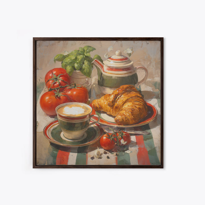 Croissant and Cappuccino on Striped Cloth Canvas Print, Coffee Shop Art, Fine Art Print, Cafe Decor, Fine Art, Cafe, Printable, CSA-1x1-5