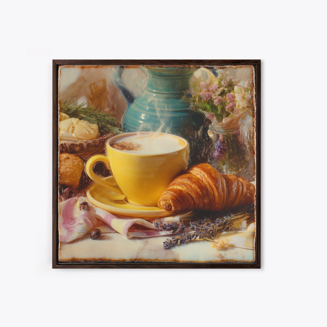 Croissant and Cappuccino on Striped Cloth Framed Canvas Print, Coffee Shop Art, Textured Painting, Cafe Decor, Fine Art, Cafe, CSA-1x1-53