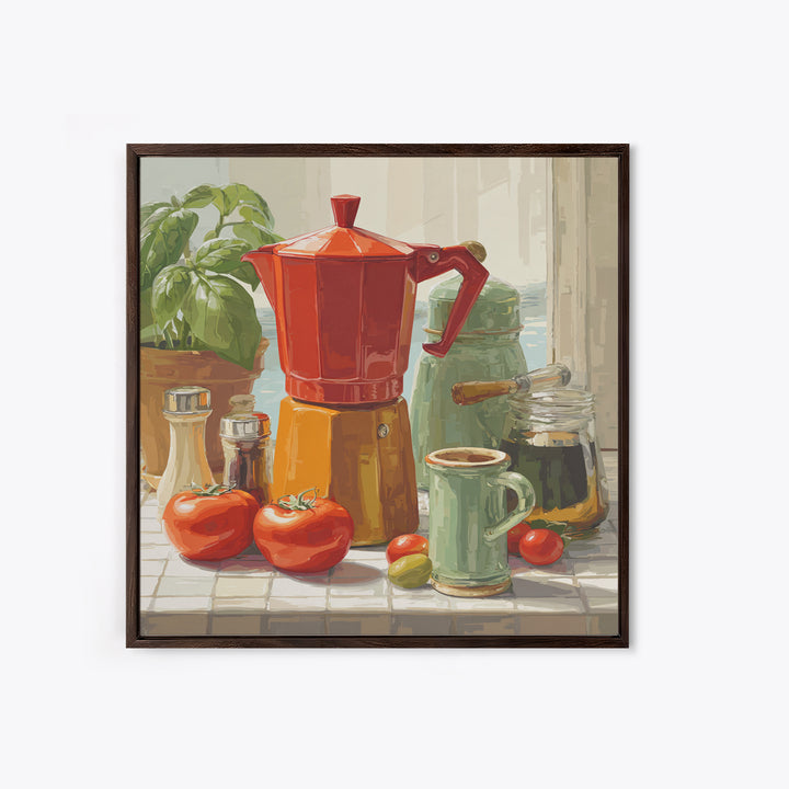 Mid Century Coffee Pot Framed Canvas Print, Coffee Shop Art, Coffee Art, Cafe Decor, Fine Art, Cafe, Textured Painting, CSA-1x1-70