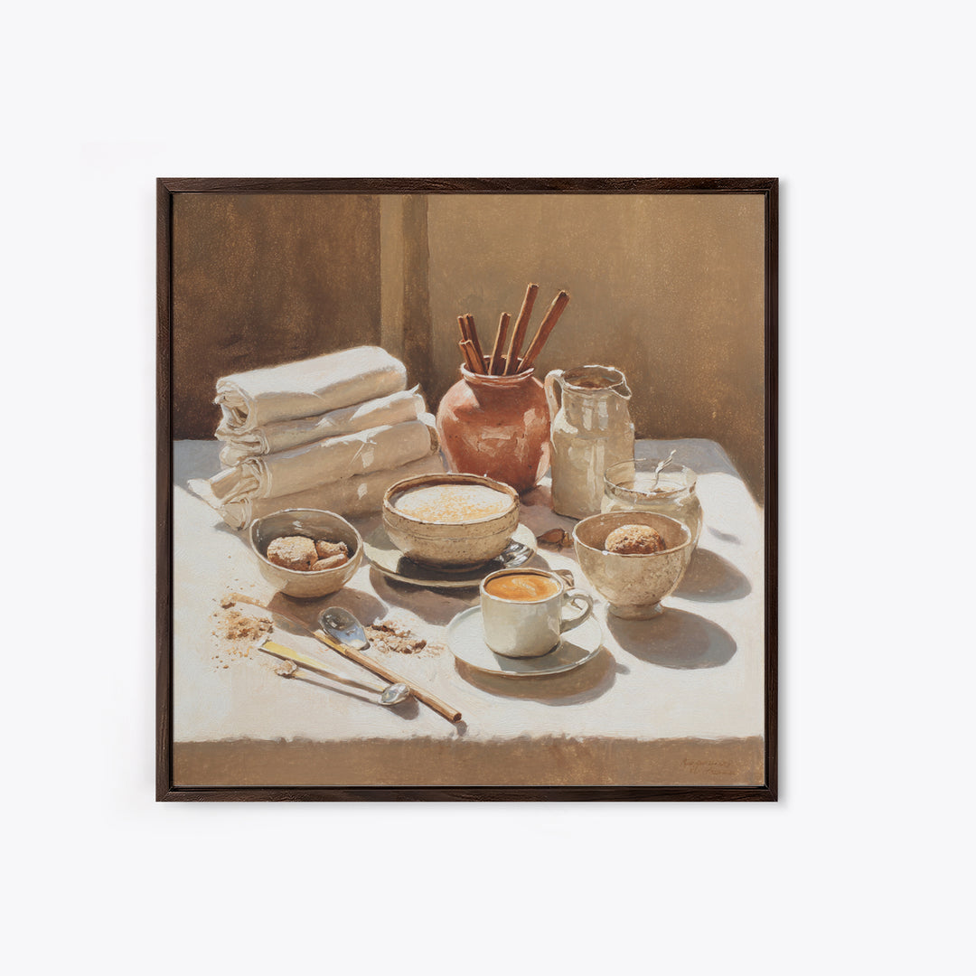 Cinnamon Sticks and Cappuccino Foam Still Life Framed Canvas Print, Coffee Shop Art, Minimalist Wall Art, Cafe Decor, CSA-1x1-72