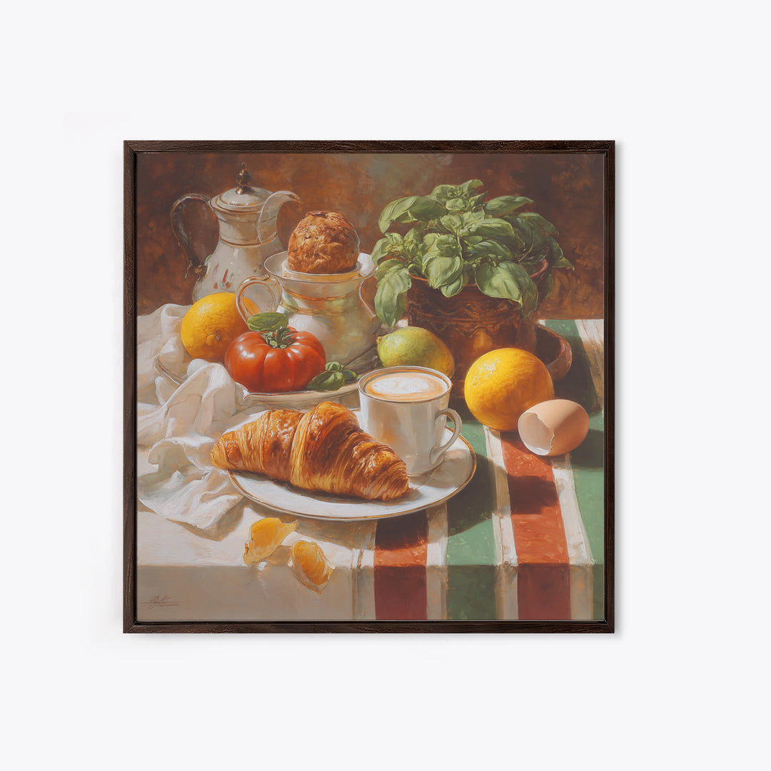 Croissant and Cappuccino on Striped Cloth Canvas Print, Coffee Shop Art, Wall Decor, Cafe Decor, Fine Art, Cafe, Kitchen Gift, CSA-1x1-77