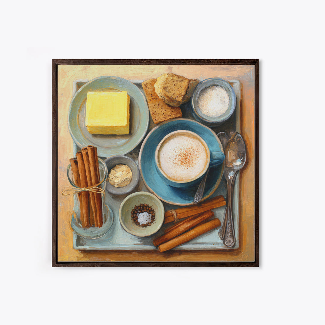 Cinnamon Sticks and Cappuccino Foam Still Life Framed Canvas Print, Coffee Shop Art, Printable Wall Art, Cafe Decor, Cafe, CSA-1x1-96
